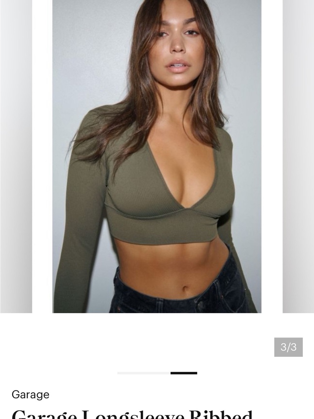 Garage Olive Deep V Ribbed Long Sleeve Crop Top